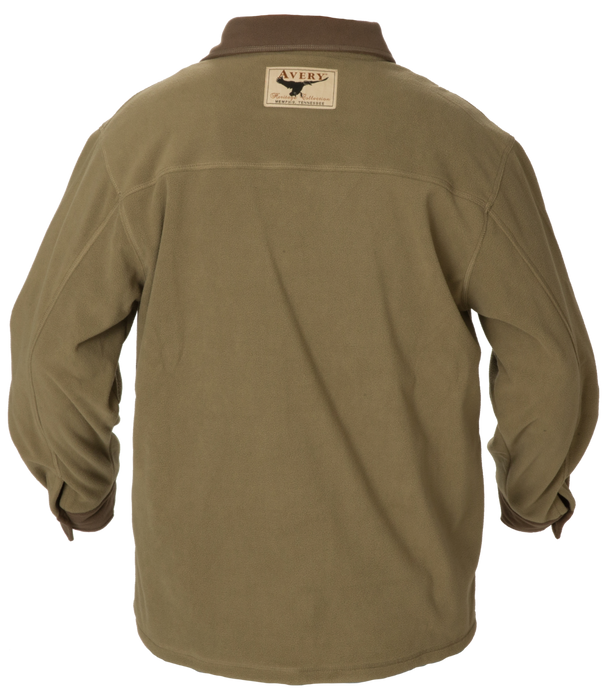 back view of olive shirt jacket brown collar and the Avery logo between shoulders