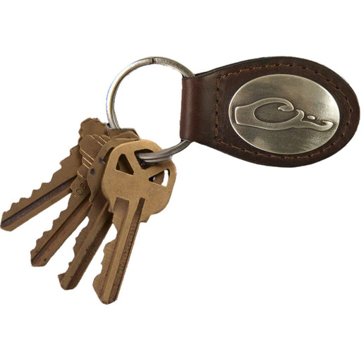 4 brass keys on brown leather keyring with metal Drake logo