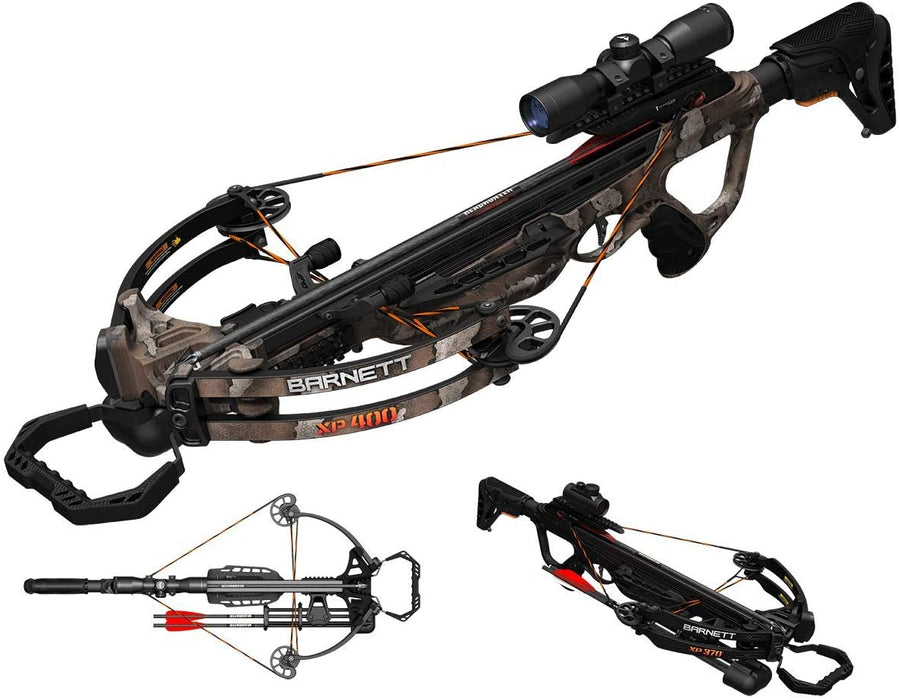 three variations of crossbows with scopes and arrows