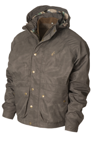 brown hooded jacket raised inner collar full zip and snap front