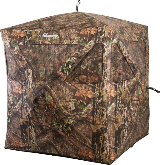 Brown green and orange tree camo square hunting blind with multiple triangle viewing points