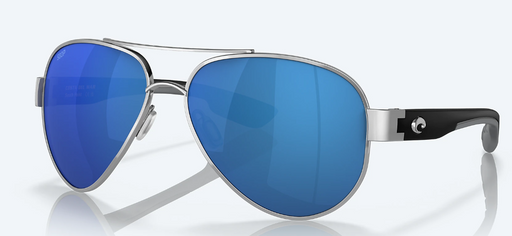 sunglasses silver frame and black arms and blue lenses