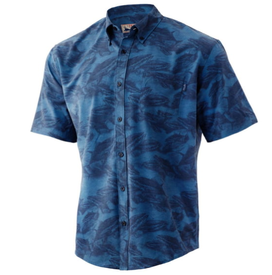 blue frish print button down front short sleeve HUK, Kona Covered Up