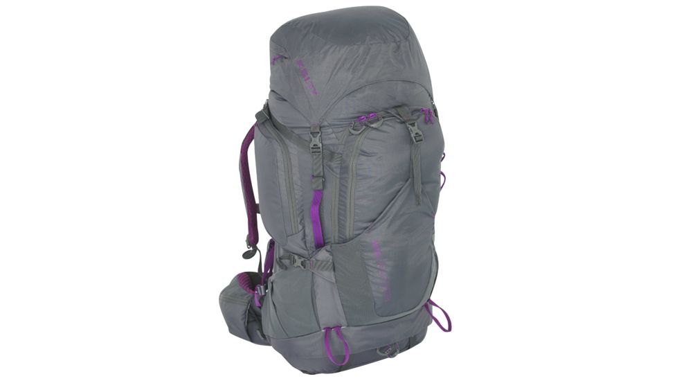 gray hiking backpack with pruple trim and multiple pockets
