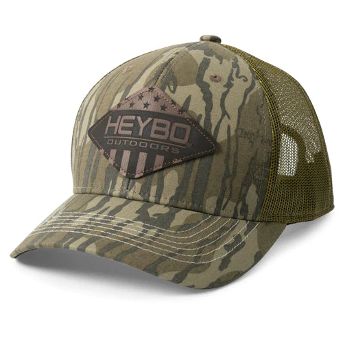 camo green Heybo, Merica Leather Patch Meshback Trucker hat