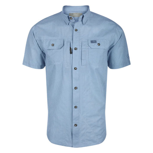 Drake Frat Houndstooth light blue Check full button front with four chest pockets Short Sleeve Shirt