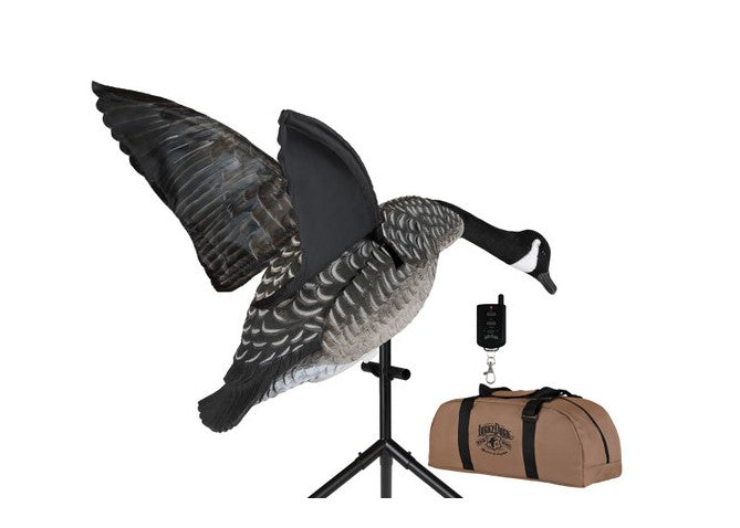 Goose Flapper decoy on t stake with remote and tan carry bag