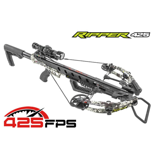 black and white crossbow with scope and bolt