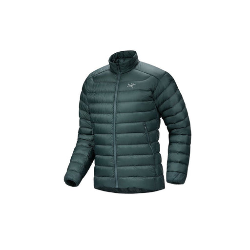 green insulated zip front jacket with a high collar elastic cuffs and side pocket that zips