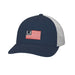 navy and white trucker hat with HUK logo flag on front