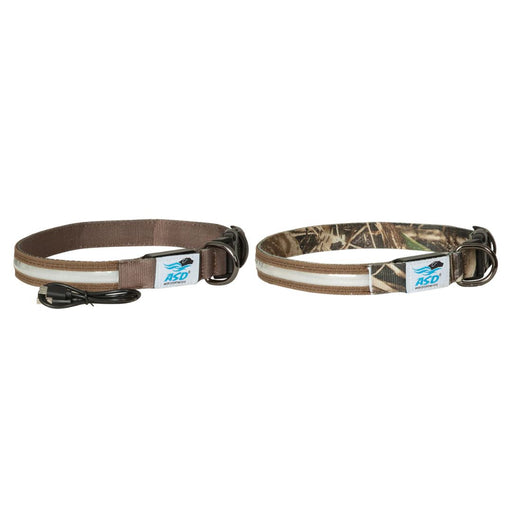 two lighted dog collars one brown one camo with charging cord