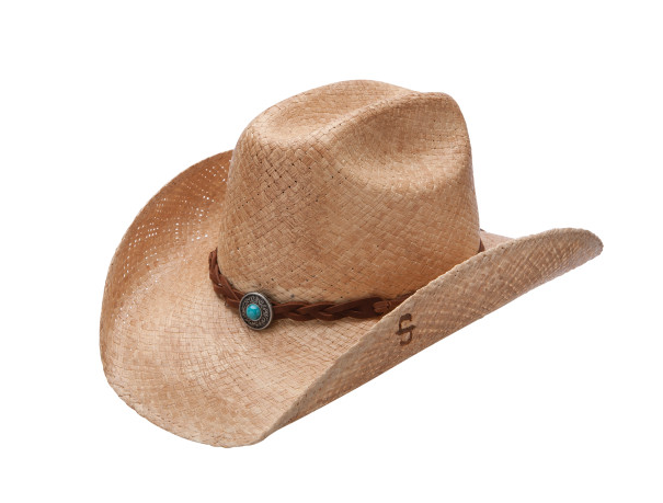 Natural / Burned Stetson Straw Hat with leather hat band and round turqouise embellishment