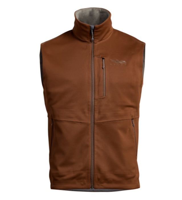 rust color zip front vest with chest and side pockets