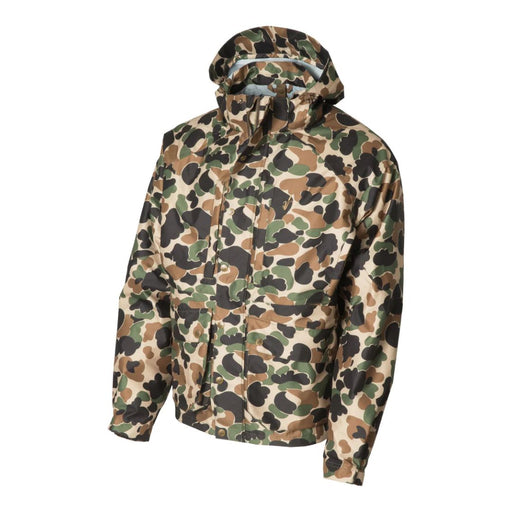 Camo wader jacket with a hood and front pockets. 