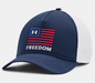 navy and white trucker flag with red and bue flag  and freedom in white on the front