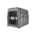 gray case structure dog kennel with vents and Lucky Duck logo on door