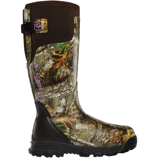 camo rubber boot with brown neoprene busset and pink Lacross logo