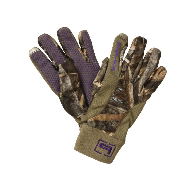 Banded Women’s camo Fleece Gloves with purplw grip palms and fingers