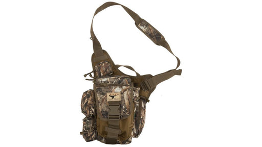 Camo sling bag with front snap pocket. 