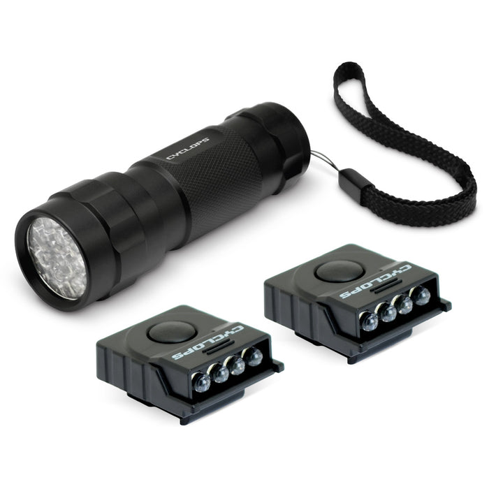 black flashlight with lanyard and 2 hat lights