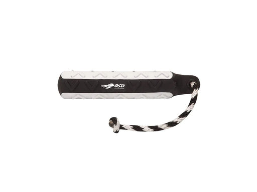 White and black textured dog toy with black and white cord. 
