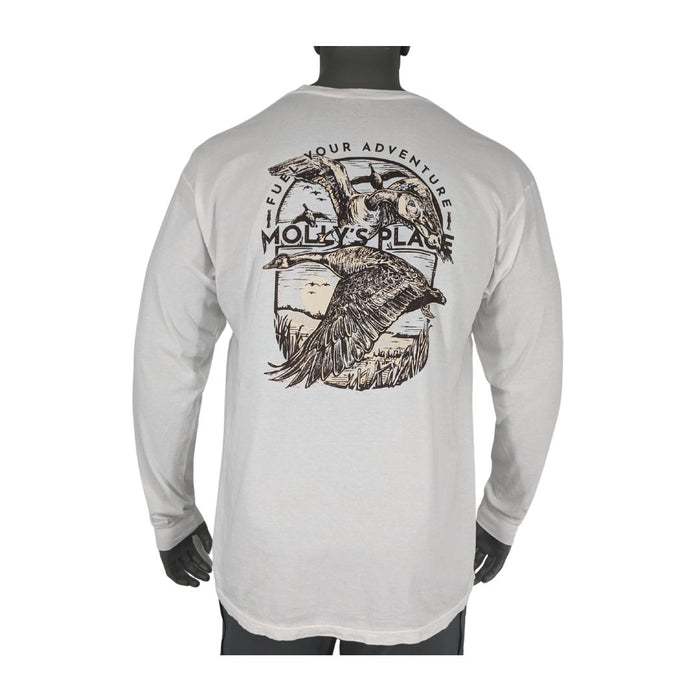 Molly's Fuel your Adventure white long sleeve tee with geese in flight scene