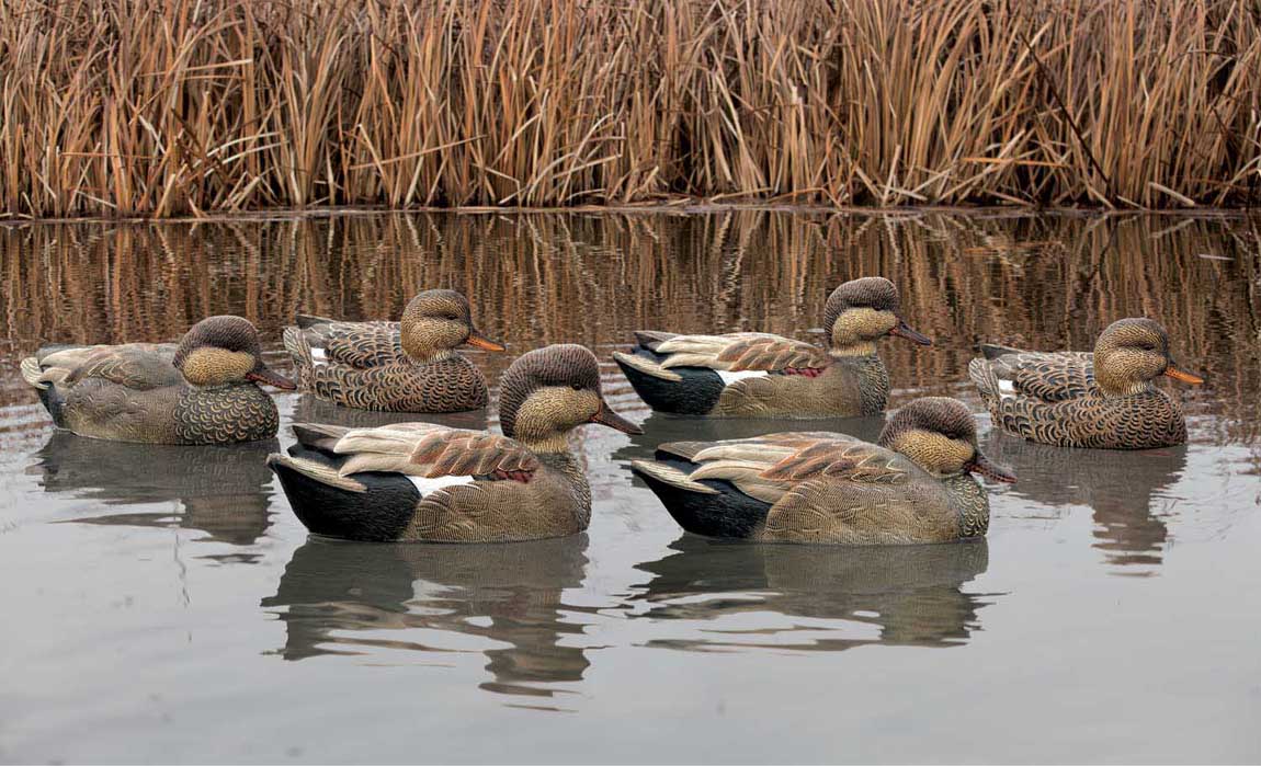 six mallard duck hunting decoys floating in water with reeds 