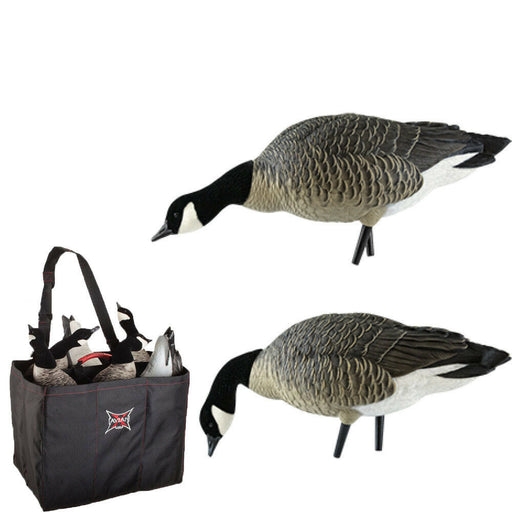 Black bag hold duck hunting decoys and two full body duck hunting decoys