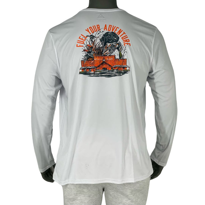 Molly's Place Fuel Your adventure white long sleeve UPF shirt featuring Molly's Place Storefront within a duck hunting scene