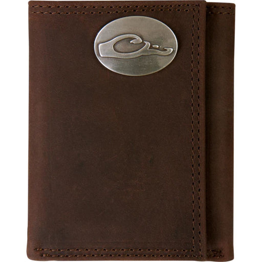 brown leather wallet with metal oval Drake logo