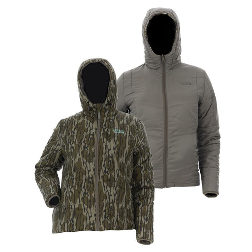 DSG Outerwear Reversible hooded full zip Puffer Jacket gray side and camo side