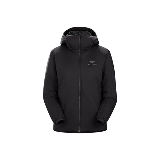 Black hooded jacket with high collar zip front pockets on the side