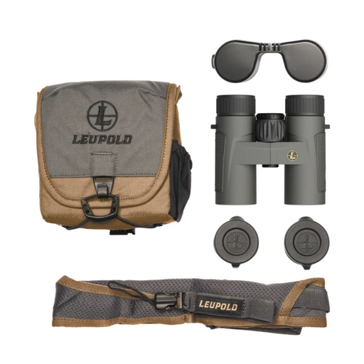 gray and black binoculars with case strap and lens caps