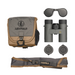 gray and black binoculars with case strap and lens caps