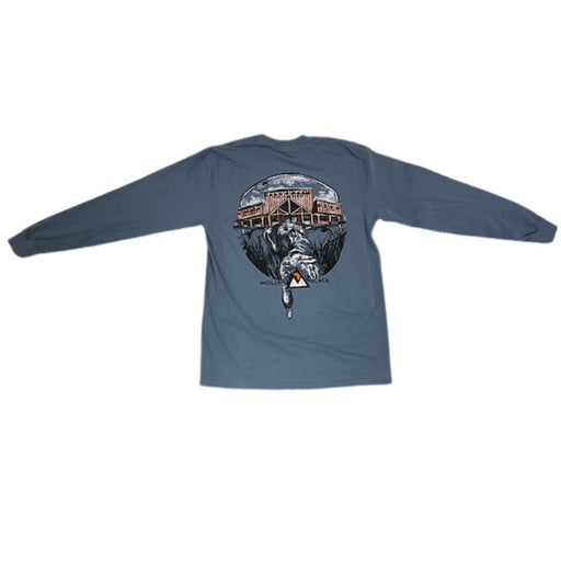 Molly's Premium long sleeve tee featuring Molly's Place Storefront in backdrop of a hunting dog with a duck in mouth Carbon Grey 