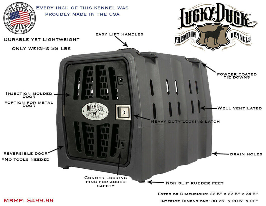 hard dog kennel with Lucky Duck logo and specifications