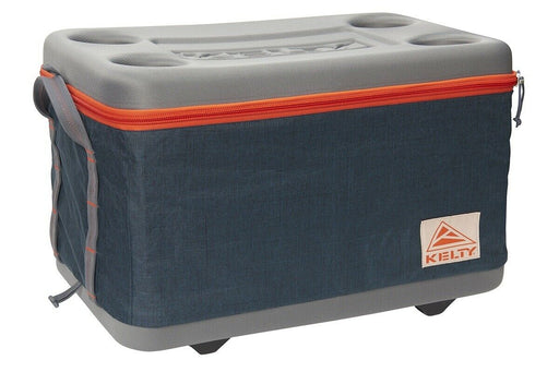 blue and gray folding cooler with orange zipper
