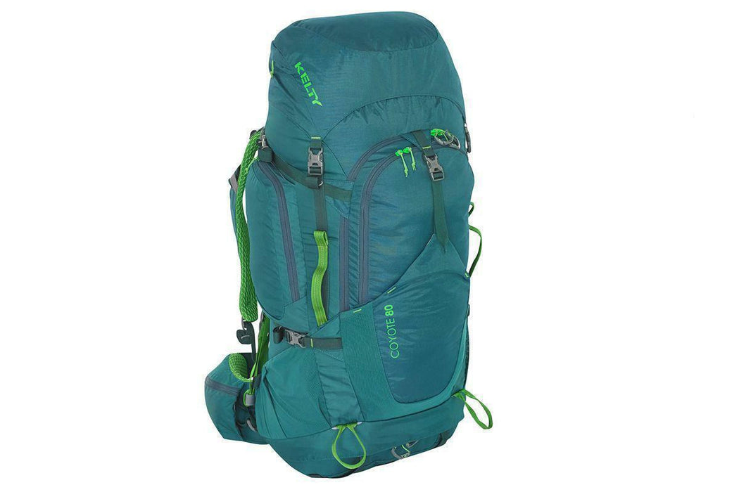 teal hiking backpack neon green trim and multiple pockets