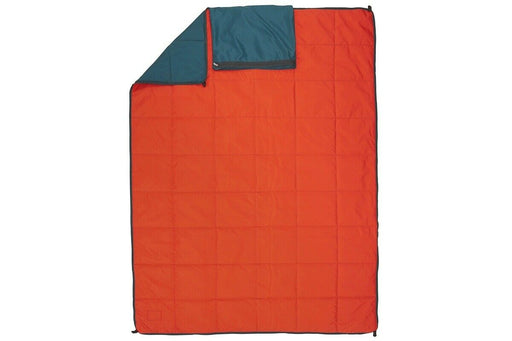 orange blacket with teal attached storage bag