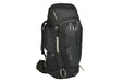 black hiking backpack with gray trim and multiple pockets