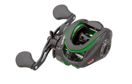 gray and green left hand casting reel