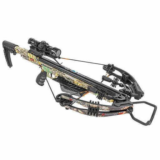 camo crossbow cocked with bolt and scope