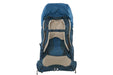 back of blue hiking backpack with tan padding