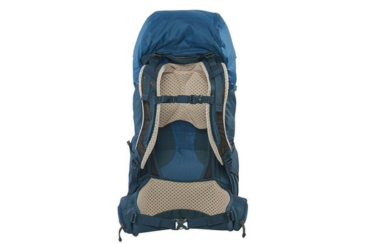 back of blue hiking backpack with tan padding