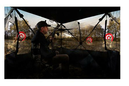 hunter inside the Primos 65150, Double Bull Surround View 360 Blind Truth Camo with the 360 view of targets