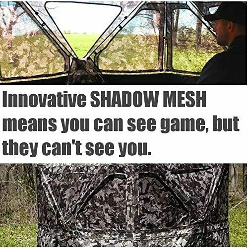  Infinity 3 Man Pop Blind With Tru View Window displaying hunter inside the blind looking out 