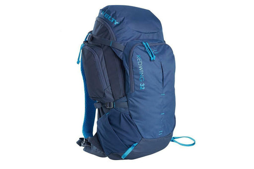 two tone blue hiking backpack with multiple pockets