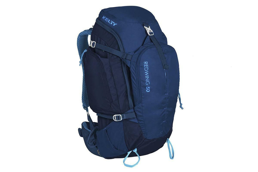 two tone blue hiking backpack with light blue trim and multiple pockets