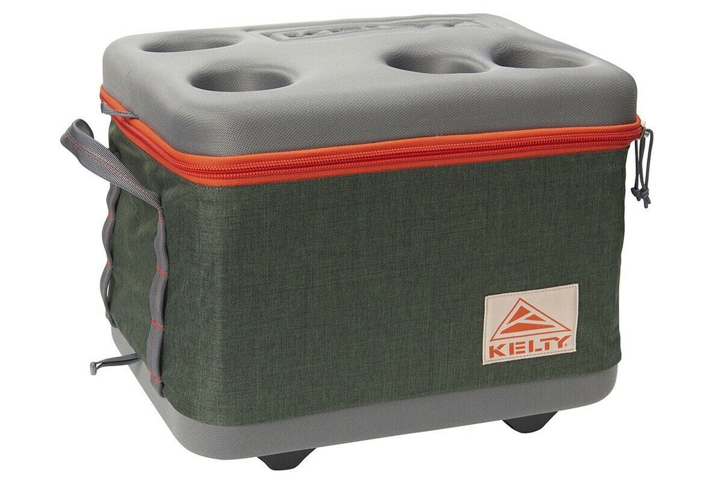 green folding cooler with gray top and orange zipper lid holds four drinks