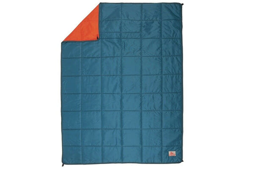 teal blanket with corner folded to display the orange underside